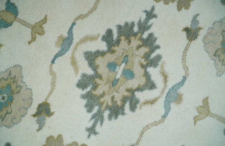Custom Made Ivory, Teal and Beige Floral Hand Knotted Traditional Oushak Wool Area Rug