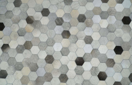 Custom Made Leather Patchwork Silver and Ivory Modern Geometric Rug