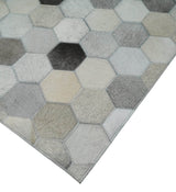 Custom Made Leather Patchwork Silver and Ivory Modern Geometric Rug