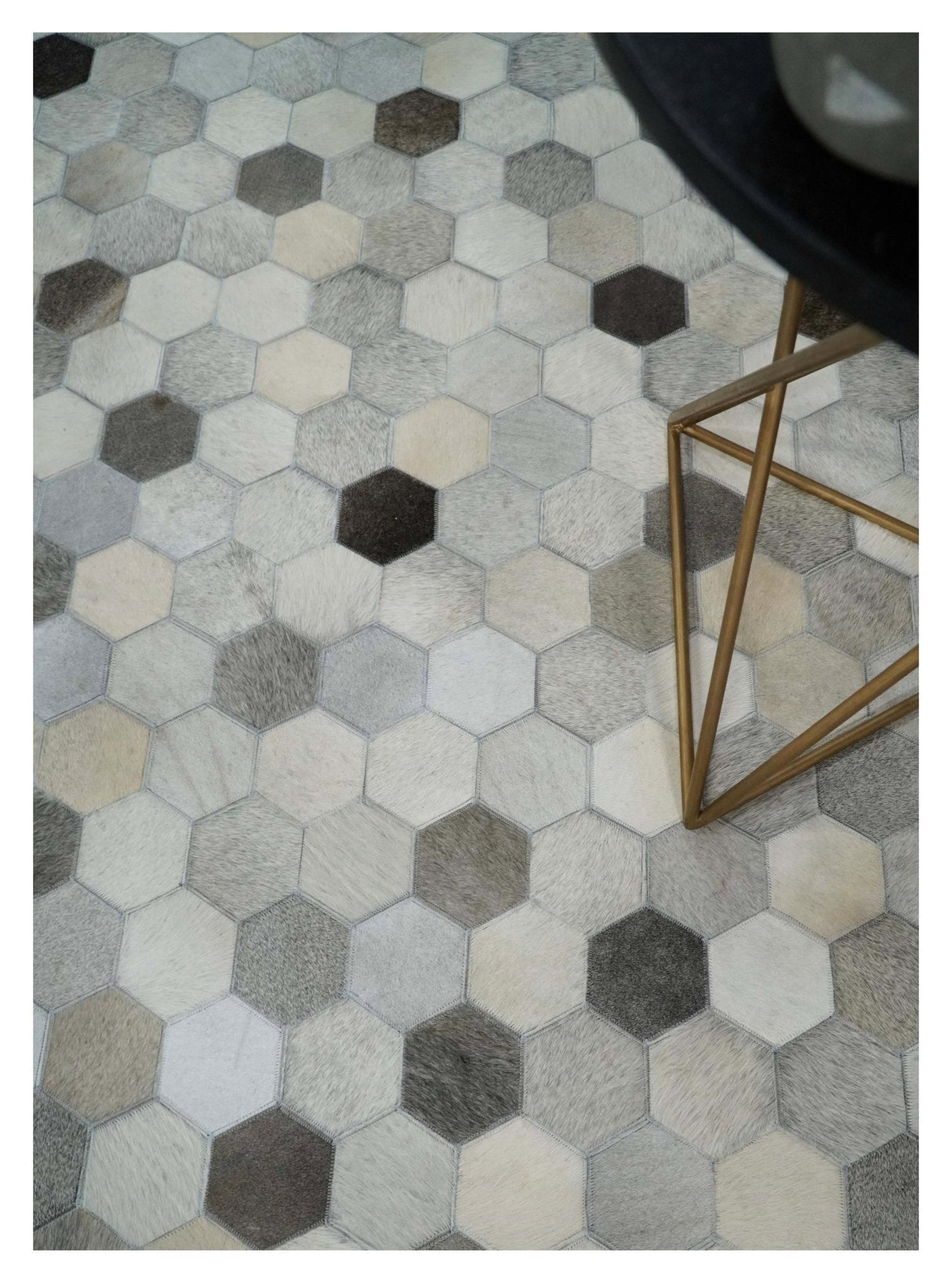 Custom Made Leather Patchwork Silver and Ivory Modern Geometric Rug