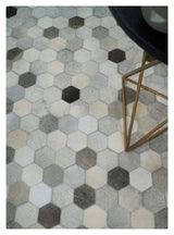 Custom Made Leather Patchwork Silver and Ivory Modern Geometric Rug