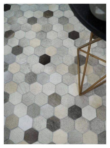 Custom Made Leather Patchwork Silver and Ivory Modern Geometric Rug