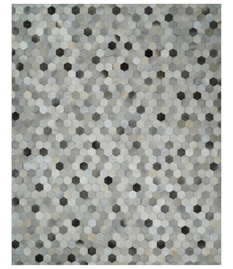 Custom Made Leather Patchwork Silver and Ivory Modern Geometric Rug