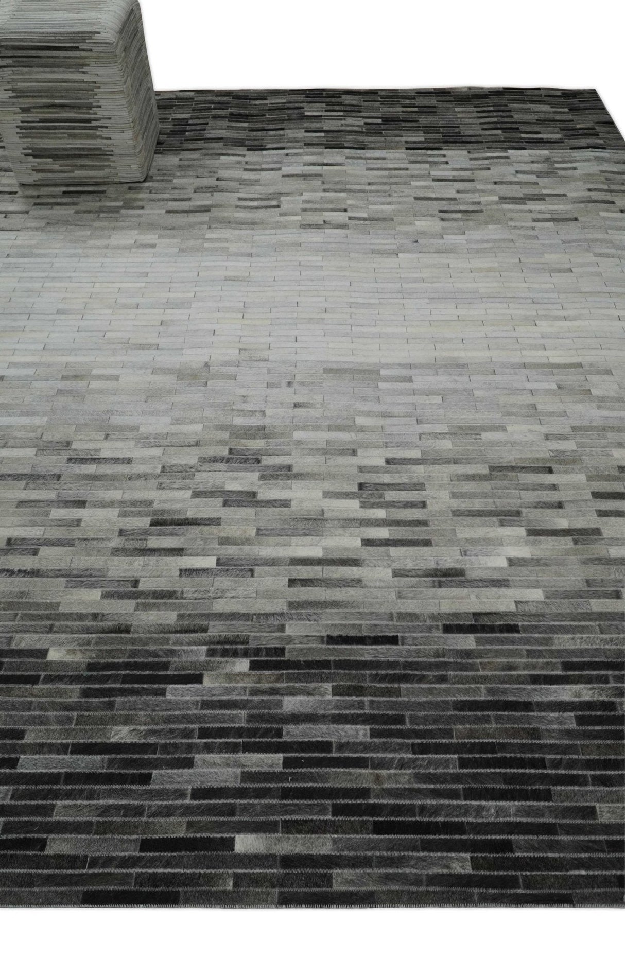 Custom Made Leather Striped Gray and Silver Leather Rug