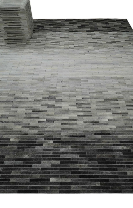 Custom Made Leather Striped Gray and Silver Leather Rug