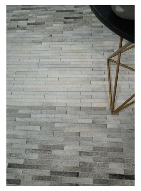 Custom Made Leather Striped Gray and Silver Leather Rug
