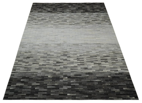Custom Made Leather Striped Gray and Silver Leather Rug
