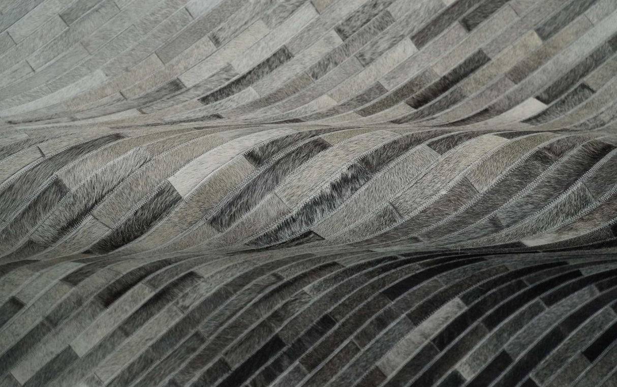 Custom Made Leather Striped Gray and Silver Leather Rug