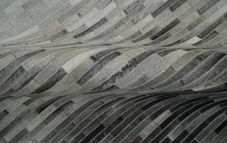 Custom Made Leather Striped Gray and Silver Leather Rug