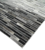 Custom Made Leather Striped Gray and Silver Leather Rug