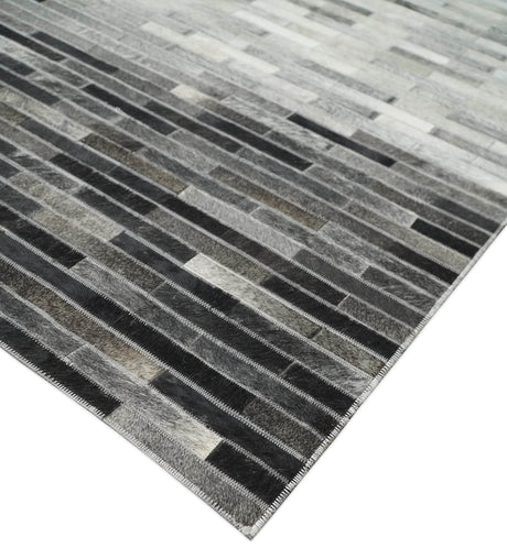 Custom Made Leather Striped Gray and Silver Leather Rug