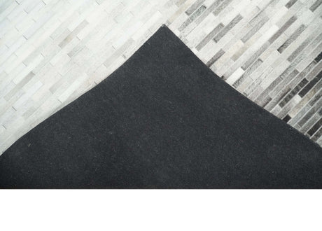 Custom Made Leather Striped Gray and Silver Leather Rug