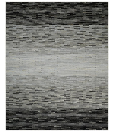 Custom Made Leather Striped Gray and Silver Leather Rug