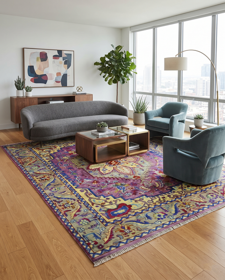 Custom Made Light Green and Purple Medallion Traditional Hand Knotted Wool Area Rug
