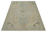 Custom Made Low Pile Hand Knotted Peach and Blue Traditional Design Wool Area Rug
