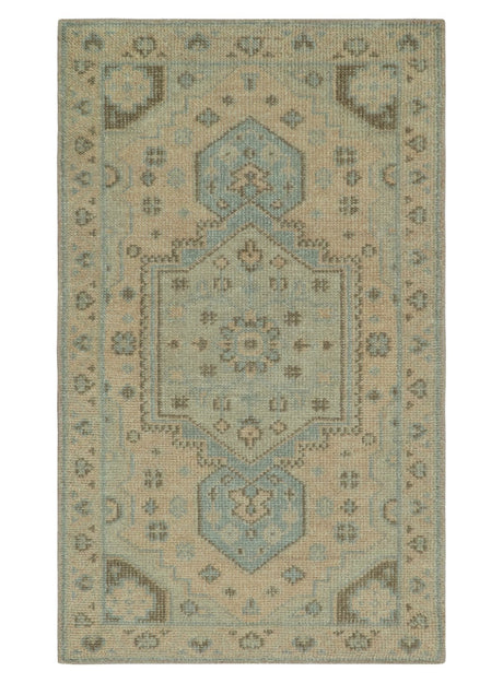 Custom Made Low Pile Hand Knotted Peach and Blue Traditional Design Wool Area Rug