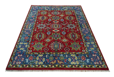 Custom Made Maroon and Blue Antique Turkish Hand Knotted Wool Area Rug