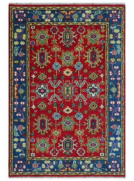 Custom Made Maroon and Blue Antique Turkish Hand Knotted Wool Area Rug