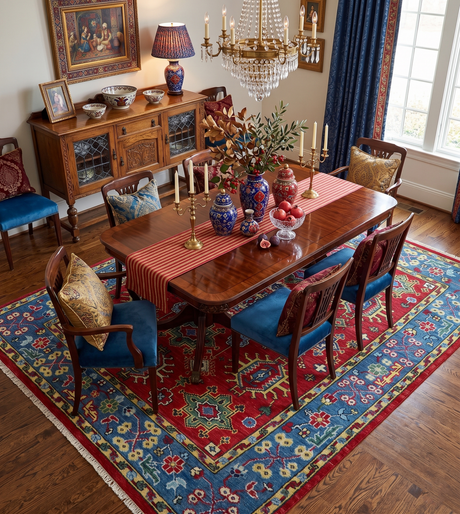 Custom Made Maroon and Blue Antique Turkish Hand Knotted Wool Area Rug