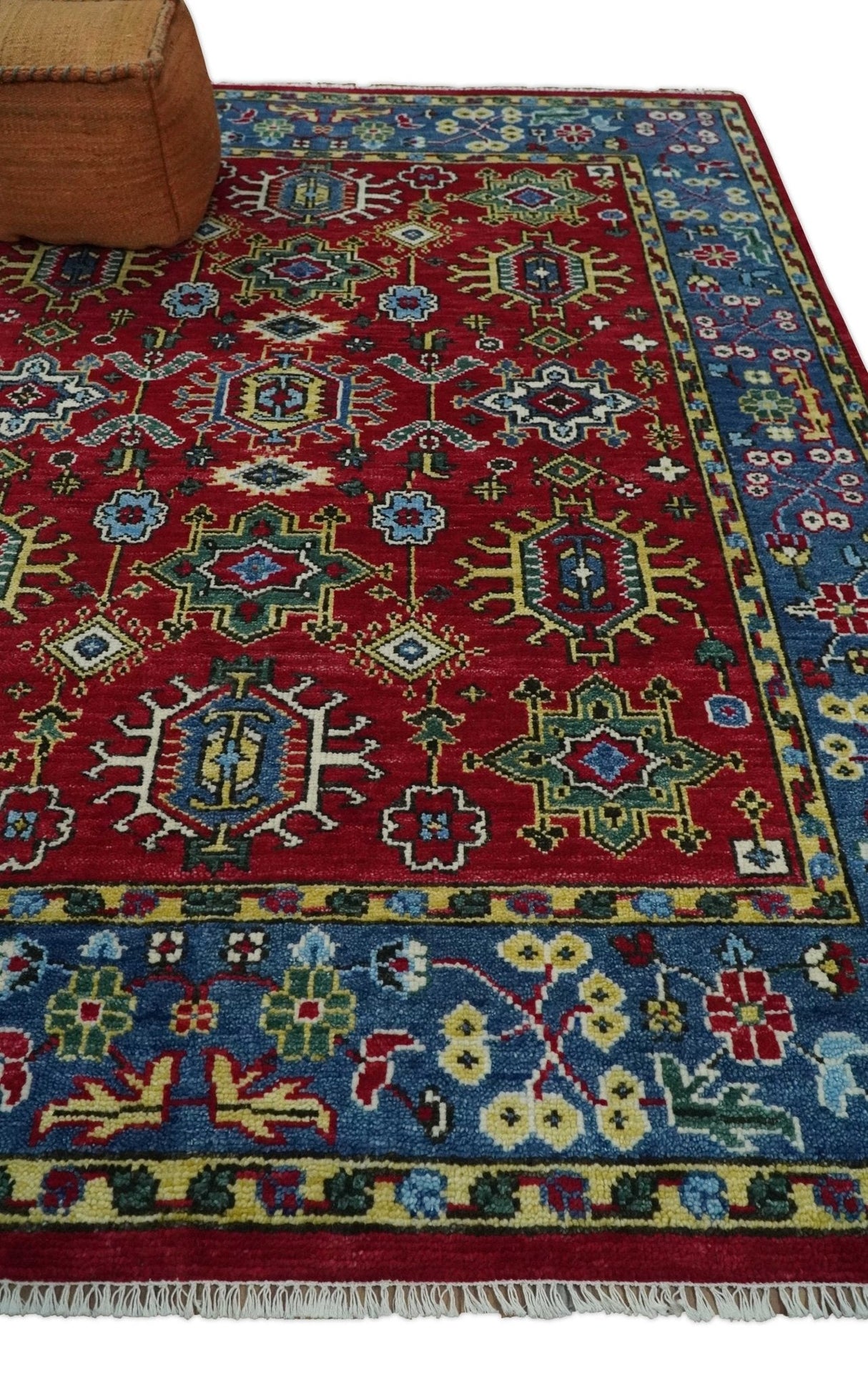 Custom Made Maroon and Blue Antique Turkish Hand Knotted Wool Area Rug