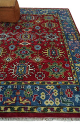 Custom Made Maroon and Blue Antique Turkish Hand Knotted Wool Area Rug