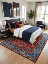 Custom Made Maroon and Blue Antique Turkish Hand Knotted Wool Area Rug