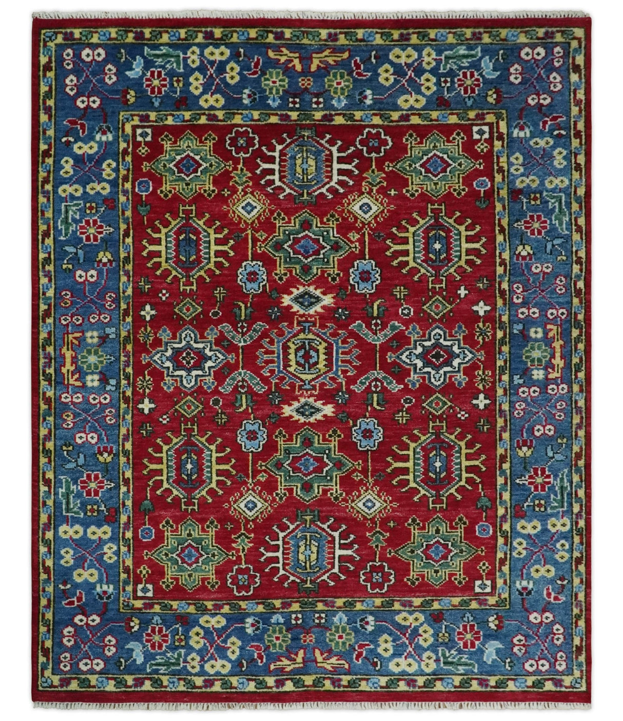 Custom Made Maroon and Blue Antique Turkish Hand Knotted Wool Area Rug