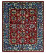 Custom Made Maroon and Blue Antique Turkish Hand Knotted Wool Area Rug