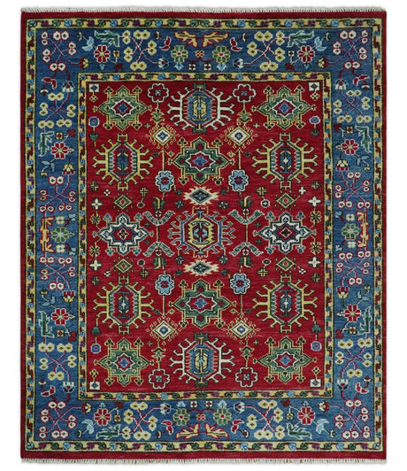 Custom Made Maroon and Blue Antique Turkish Hand Knotted Wool Area Rug