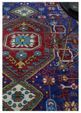 Custom Made Maroon, Blue and ivory Hand Knotted Traditional Wool Rug
