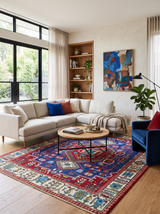 Custom Made Maroon, Blue and ivory Hand Knotted Traditional Wool Rug