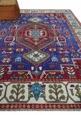 Custom Made Maroon, Blue and ivory Hand Knotted Traditional Wool Rug