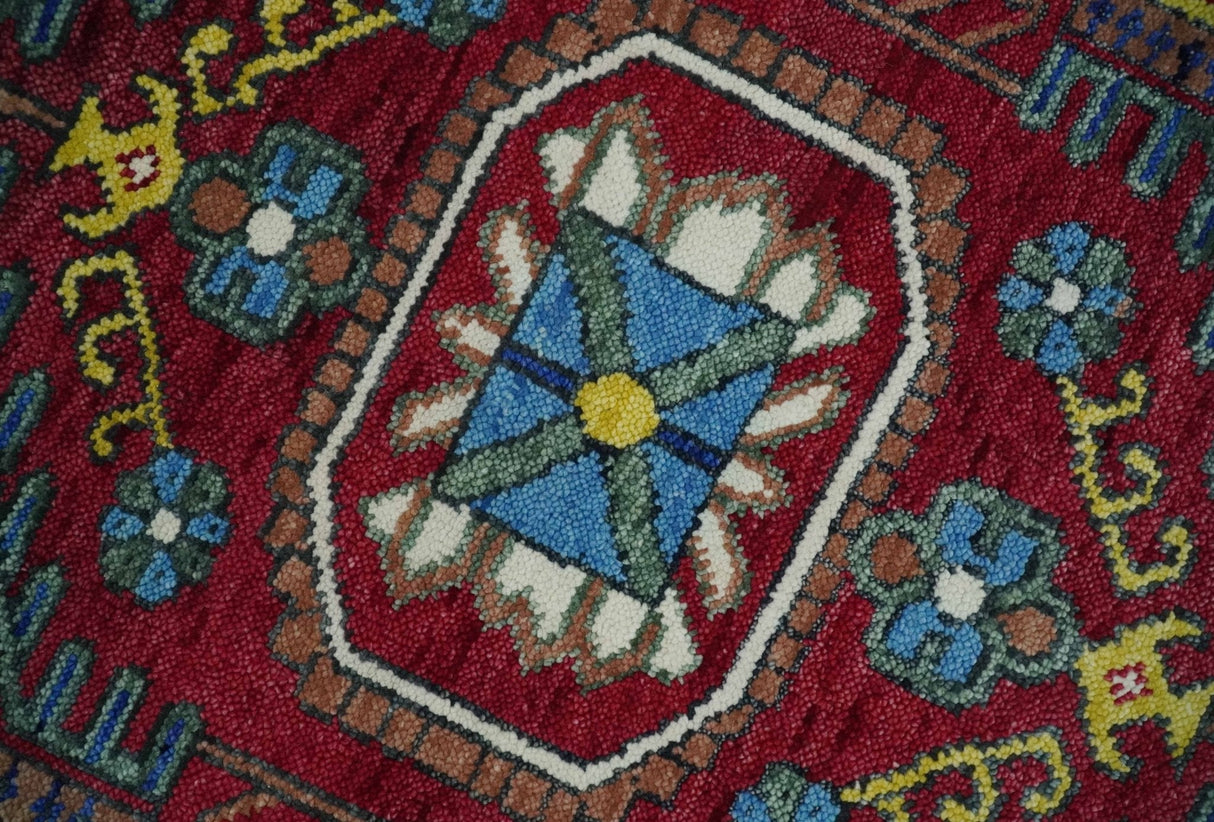 Custom Made Maroon, Blue and ivory Hand Knotted Traditional Wool Rug