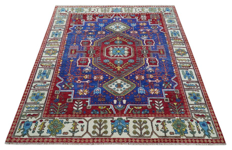 Custom Made Maroon, Blue and ivory Hand Knotted Traditional Wool Rug