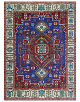 Custom Made Maroon, Blue and ivory Hand Knotted Traditional Wool Rug