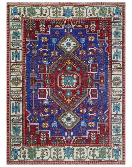 Custom Made Maroon, Blue and ivory Hand Knotted Traditional Wool Rug