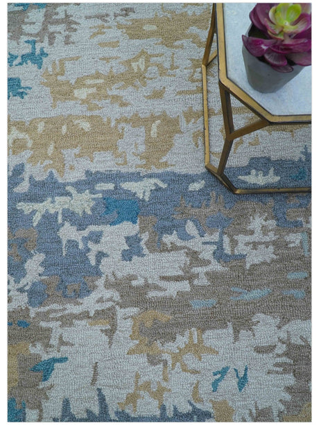 Custom Made Modern Abstract Blue And Beige Hand Tufted Wool Area Rug