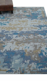 Custom Made Modern Abstract Blue And Beige Hand Tufted Wool Area Rug