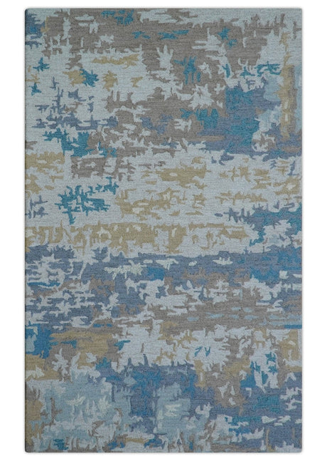 Custom Made Modern Abstract Blue And Beige Hand Tufted Wool Area Rug