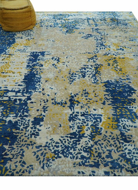 Custom Made Modern Abstract Blue And Beige Hand Tufted Wool-Art Silk Rug