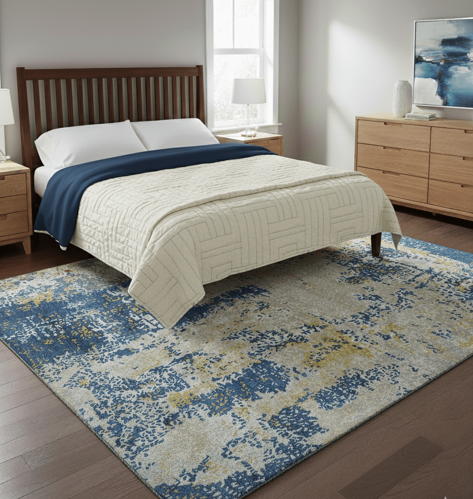 Custom Made Modern Abstract Blue And Beige Hand Tufted Wool-Art Silk Rug