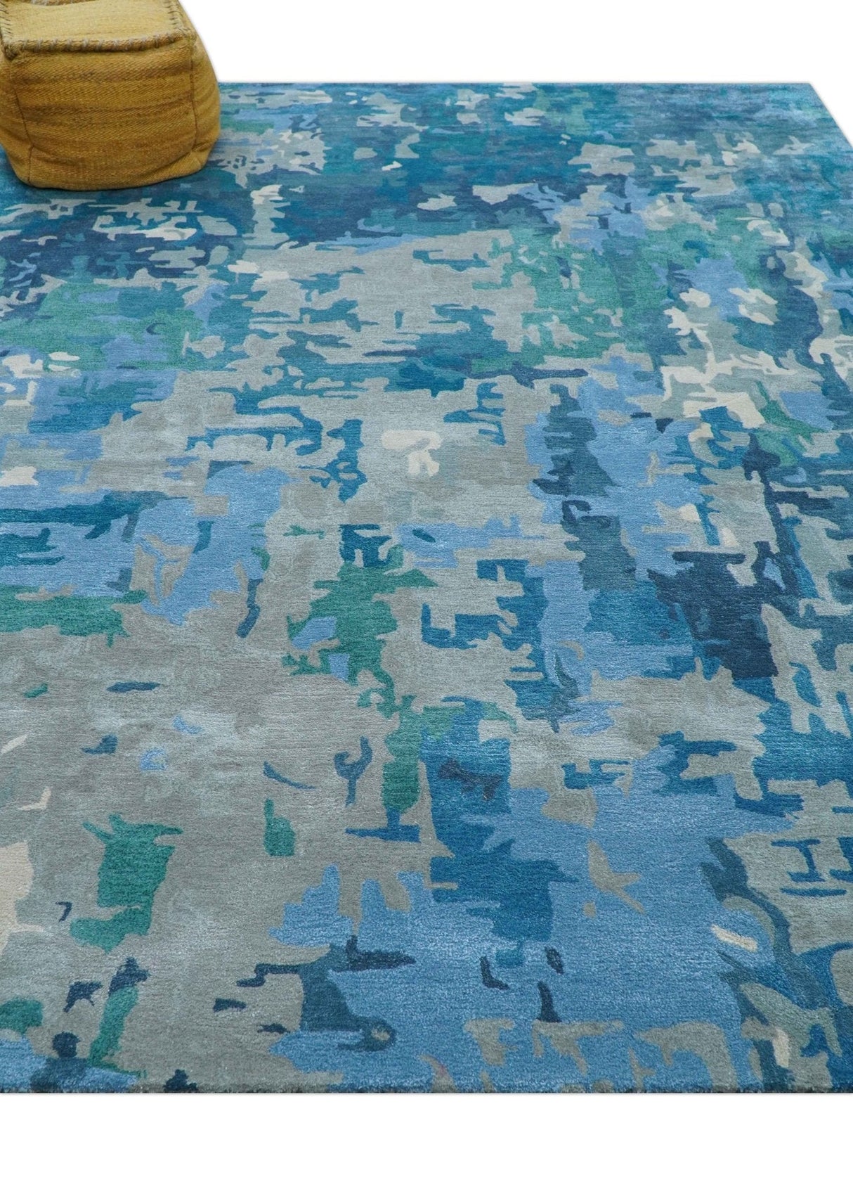 Custom Made Modern Abstract Blue Hand Tufted Wool Art-Silk Rug