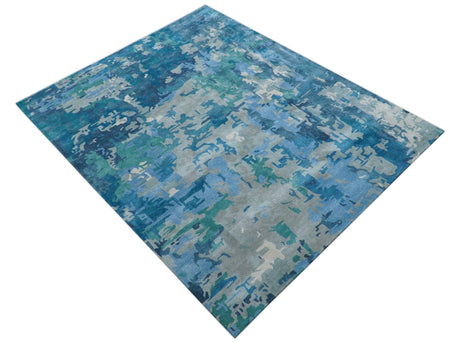 Custom Made Modern Abstract Blue Hand Tufted Wool Art-Silk Rug