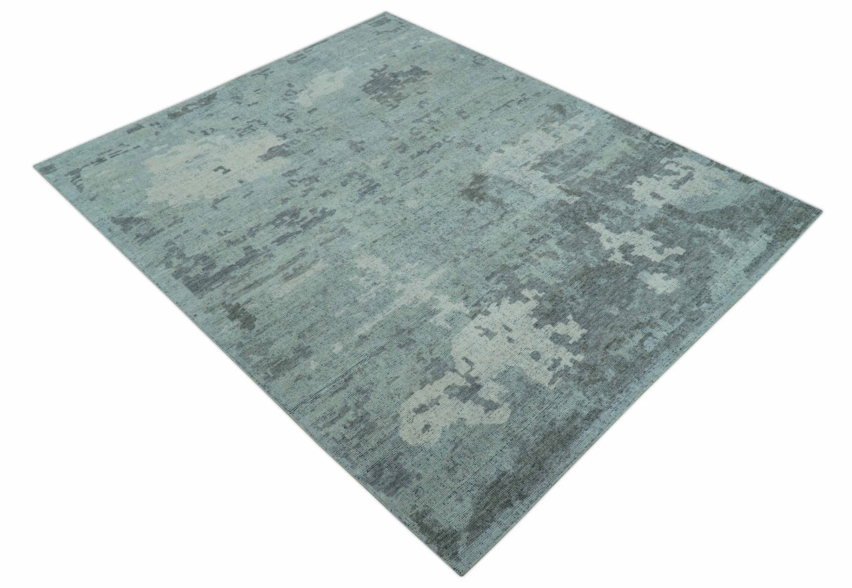 Custom Made Modern Abstract Design Blue And Gray Hand Knotted Wool Area Rug