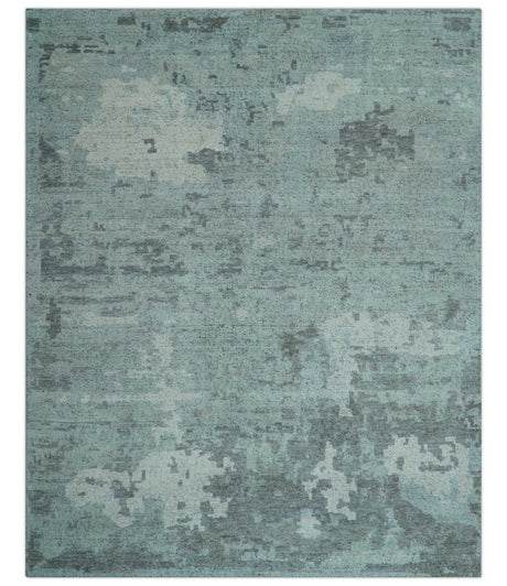 Custom Made Modern Abstract Design Blue And Gray Hand Knotted Wool Area Rug