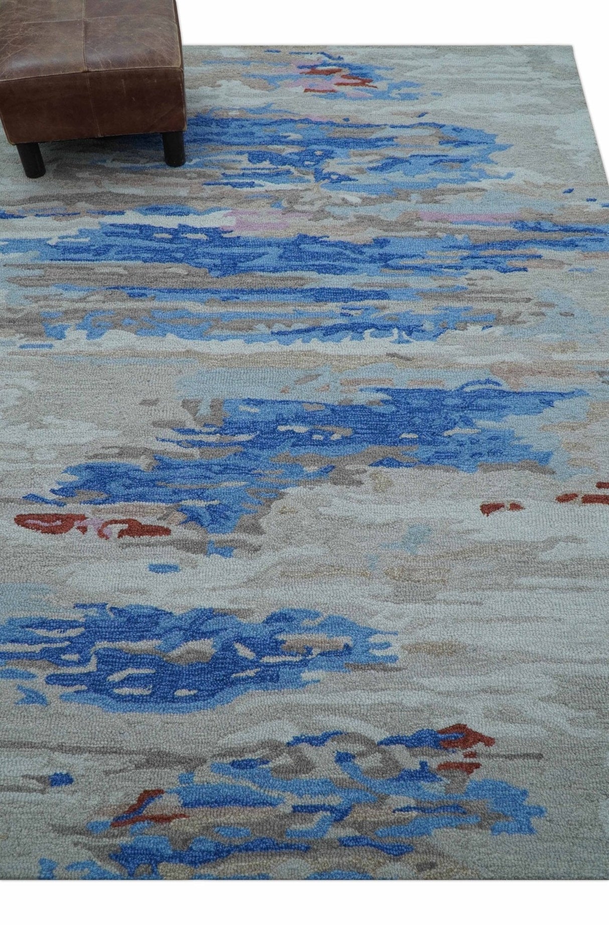 Custom Made Modern Abstract Silver And Blue Hand Tufted Wool Rug