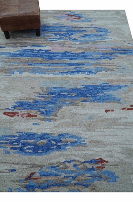 Custom Made Modern Abstract Silver And Blue Hand Tufted Wool Rug