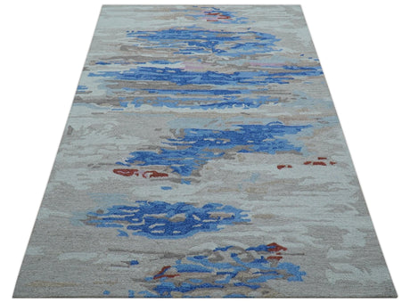 Custom Made Modern Abstract Silver And Blue Hand Tufted Wool Rug
