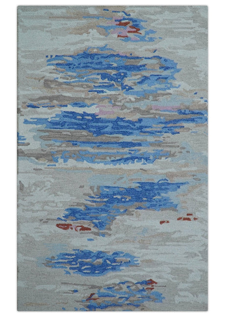 Custom Made Modern Abstract Silver And Blue Hand Tufted Wool Rug