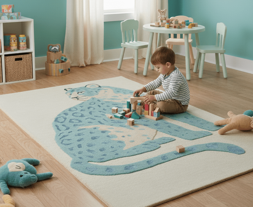 Custom Made Modern Animal Pattern Teal And Beige Hand Tufted Wool Area Rug